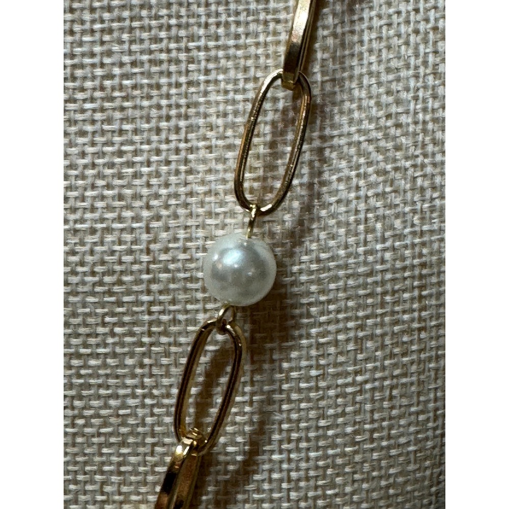 Gold Paperclip Chain Necklace Faux Pearl Toggle Statement Layering Chic Resort - Picture 4 of 9